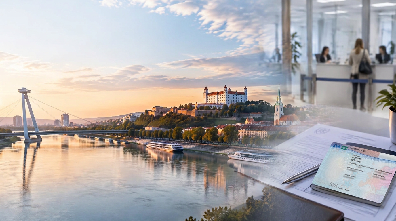 Bratislava skyline with residence paperwork and a public service office